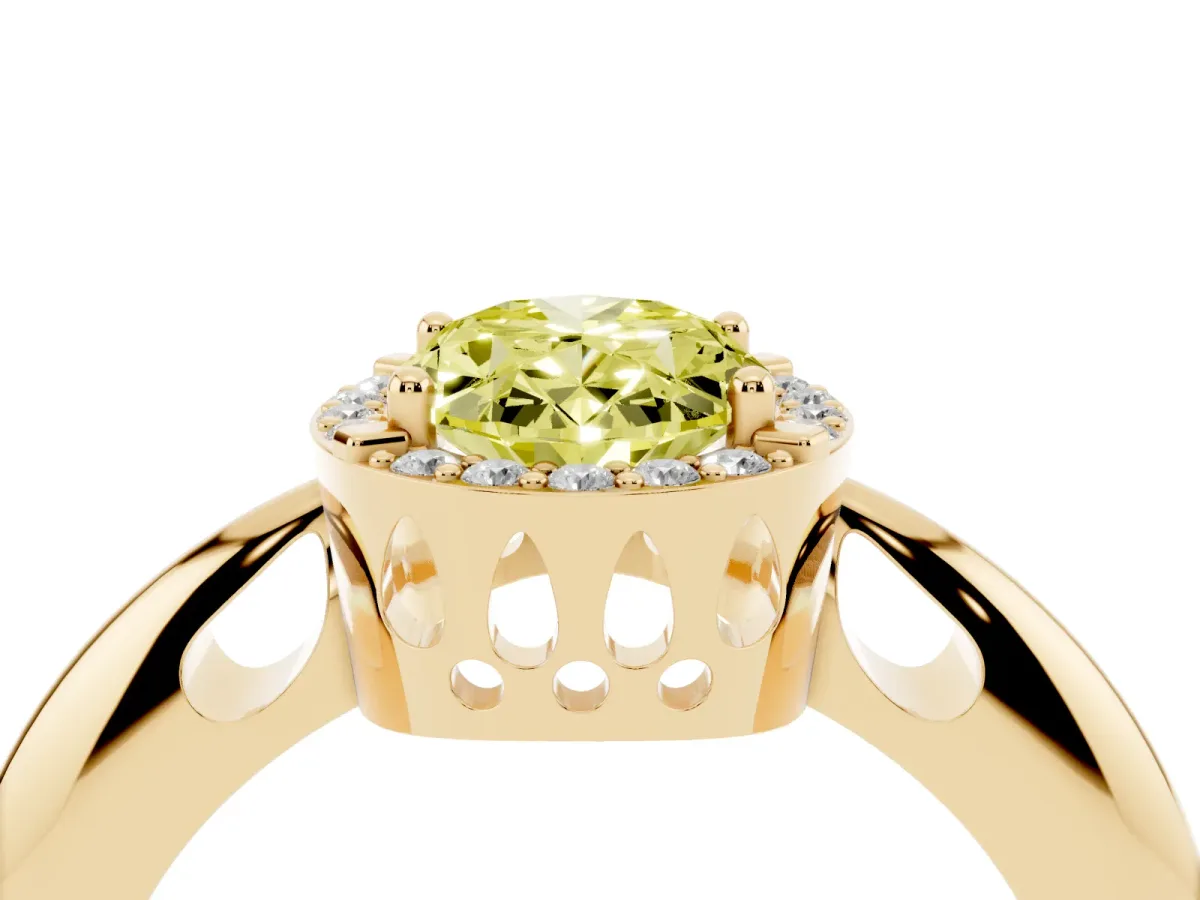 Fancy Yellow Oval Cut Cut Diamond Halo Engagement Ring with Split Shank and Four-Prong Setting Yellow gold