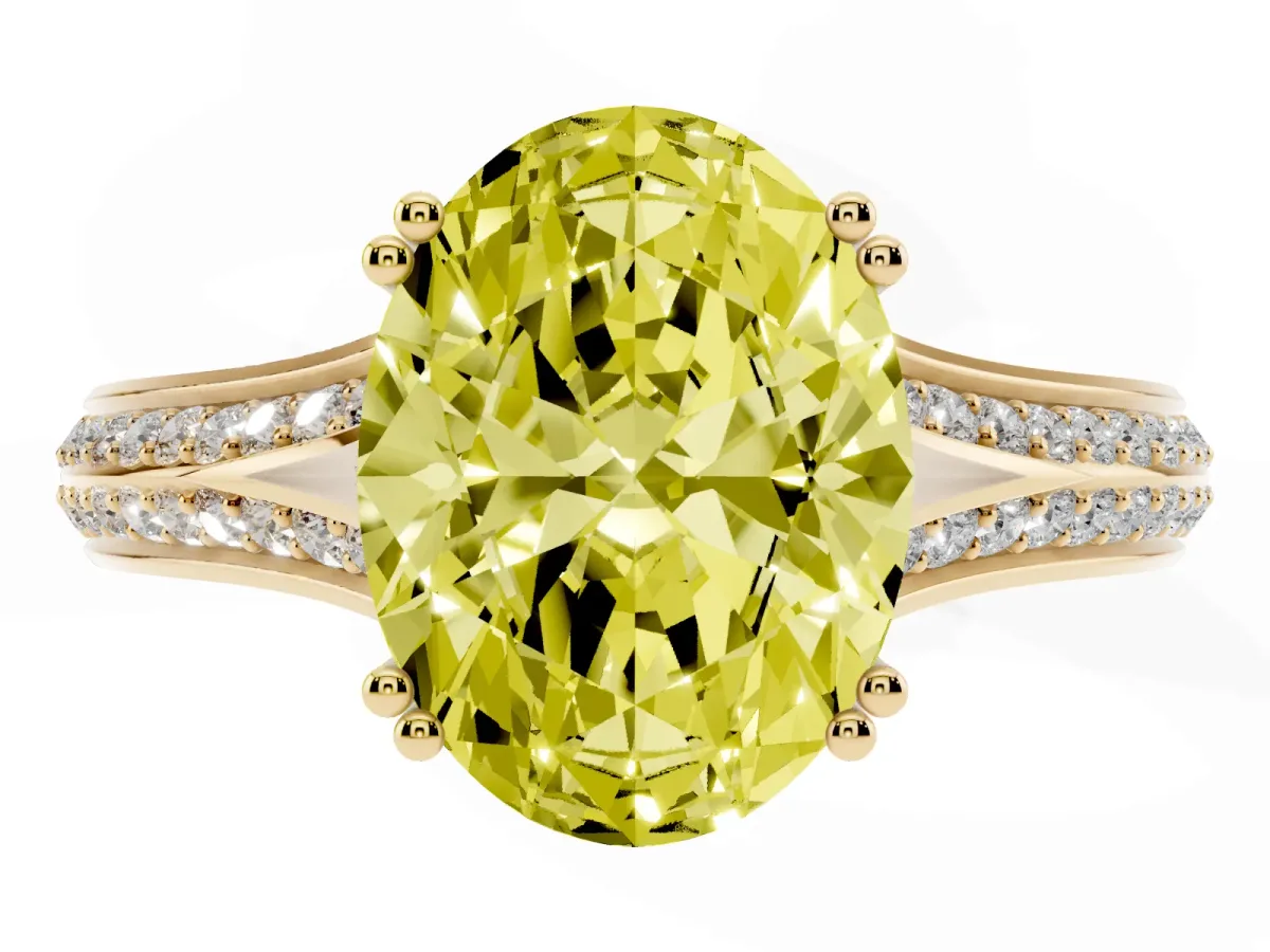 Fancy Yellow Oval Cut Diamond Split Shank Engagement Ring with Pavé Band Yellow gold