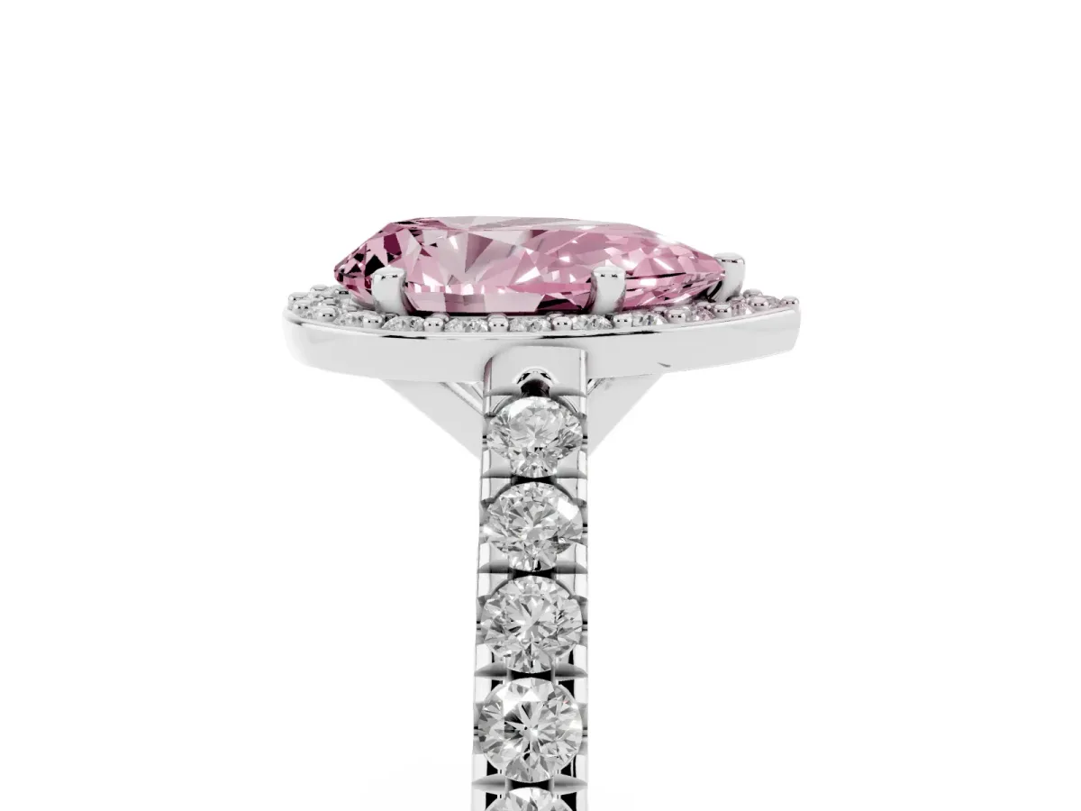 Fancy Pink Pear Cut Cut Halo Diamond Engagement Ring with Pave Band and Four-Prong Setting Platinum