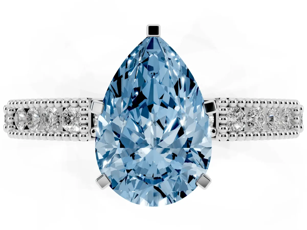Fancy Blue Pear Cut Solitaire with Pavé Band and Four-Prong Setting Platinum