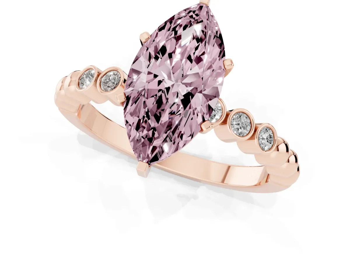 Fancy Pink Marquise Cut Solitaire Bezel Accent Diamond Engagement Ring with Beaded Band and Four-Prong Setting Rose gold