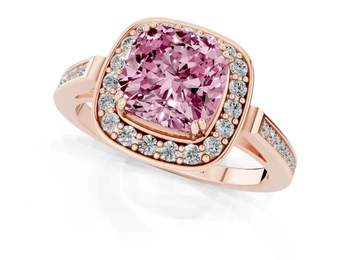 Fancy Pink Cushion Cut Diamond Halo Ring with Split Shank and Four-Prong Setting Rose gold