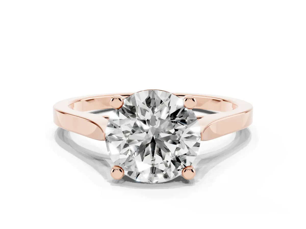 Round Cut Solitaire Diamond Ring with Four-Prong Setting and Tapered Band Rose gold