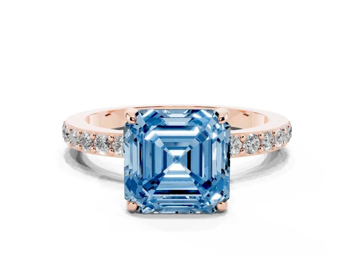 Fancy Blue Asscher Cut Diamond Pavé Engagement Ring with Round Accents and Prong Setting Rose gold