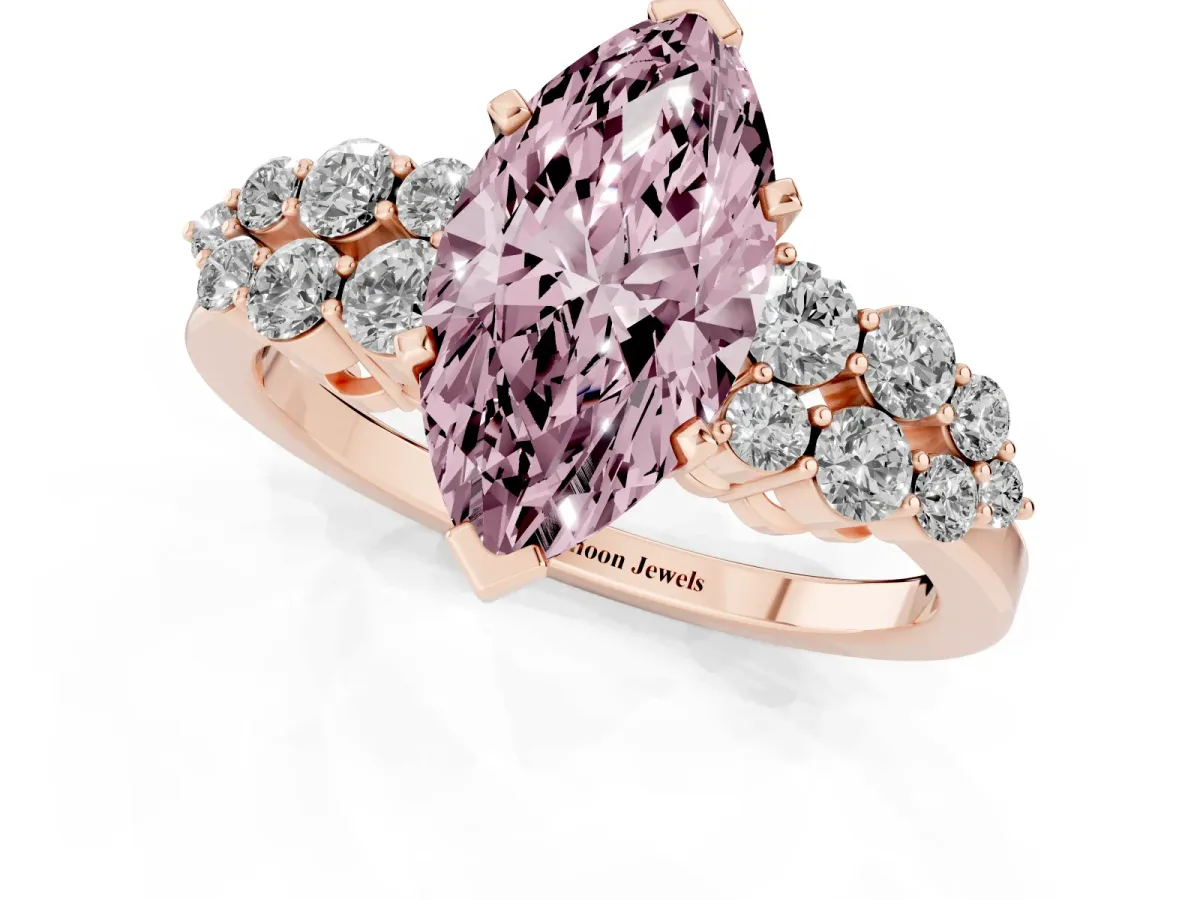 Fancy Pink Marquise Cut Cluster Diamond Engagement Ring with Pavé Band and Four-Prong Setting Rose gold