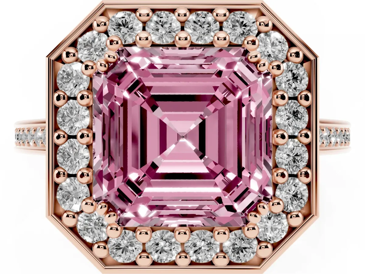 Fancy Pink Asscher Cut Diamond Halo Ring with Split Shank and Four-Prong Setting Rose gold