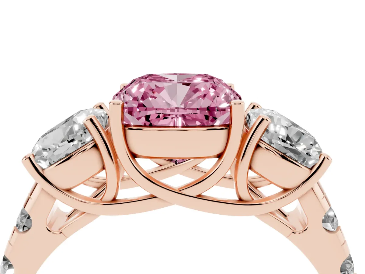 Fancy Pink Three-Stone Cushion Cut Diamond Pavé Band with Prong Setting Rose gold