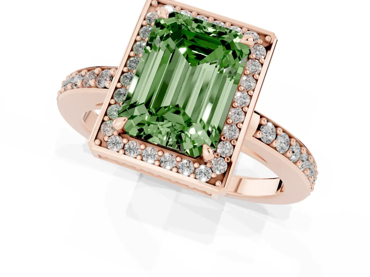 Fancy Green Emerald Cut Halo Pave Band Solitaire Ring with Prong Setting Rose gold