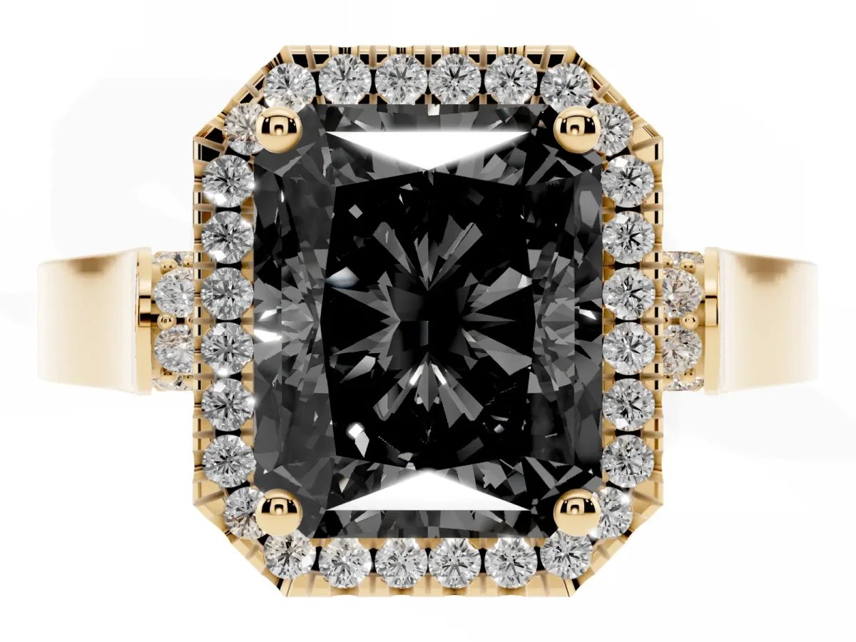 Fancy Black Radiant Cut Halo Round Diamond Twist Band with Four-Prong Setting Yellow gold