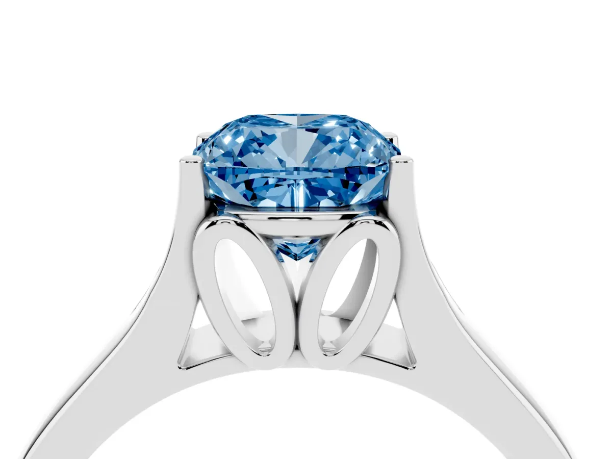 Fancy Blue Cushion Cut Solitaire Diamond Ring with Cathedral Band and Four-Prong Setting Silver