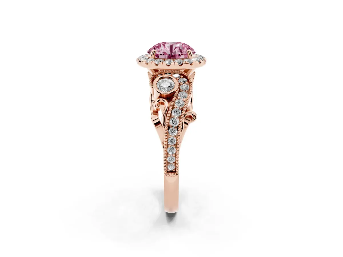 Fancy Pink Round Cut Halo Diamond Ring with Milgrain and Bezel Accents on a Split Shank Band Rose gold