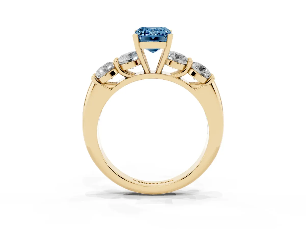 Fancy Blue Emerald Cut Cut Five-Stone Prong Set Diamond Ring with Classic Band Yellow gold