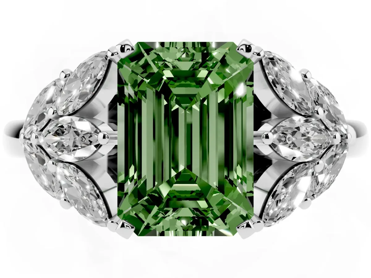 Fancy Green Emerald Cut Diamond Cluster Leaf Design Ring with Prong Setting White gold