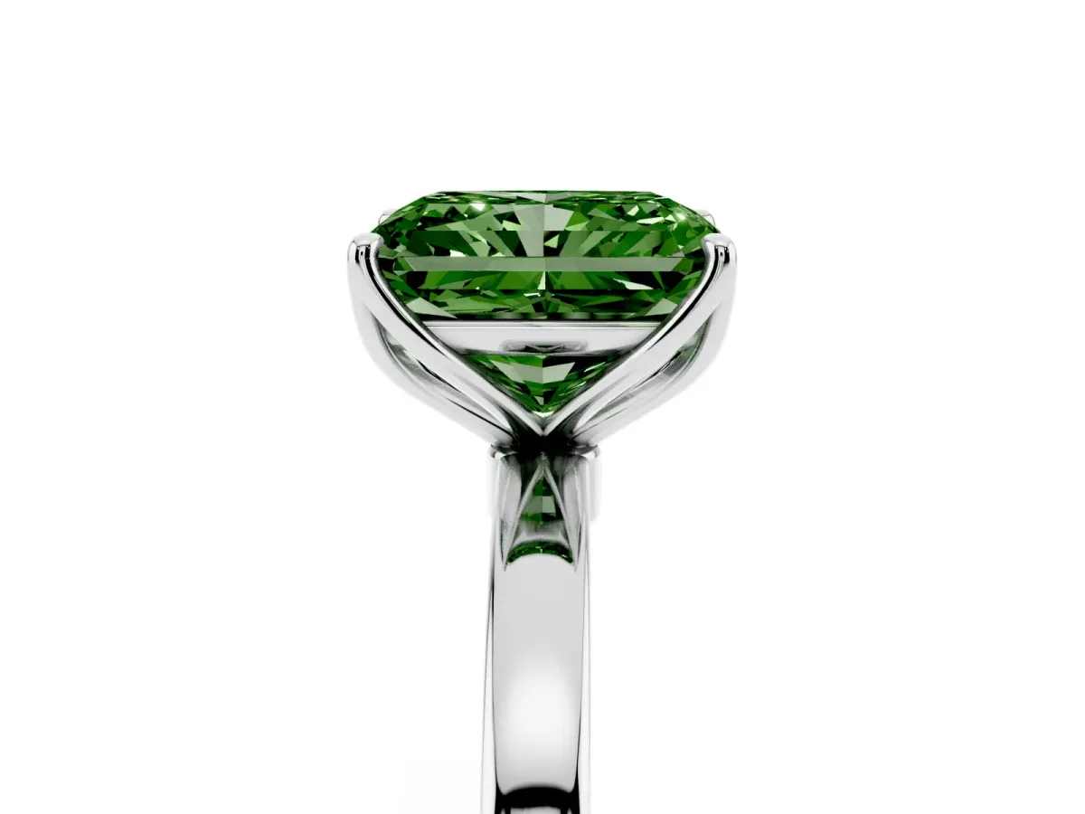 Fancy Green Radiant Cut Diamond Solitaire Ring with Thin Band and Prong Setting Silver