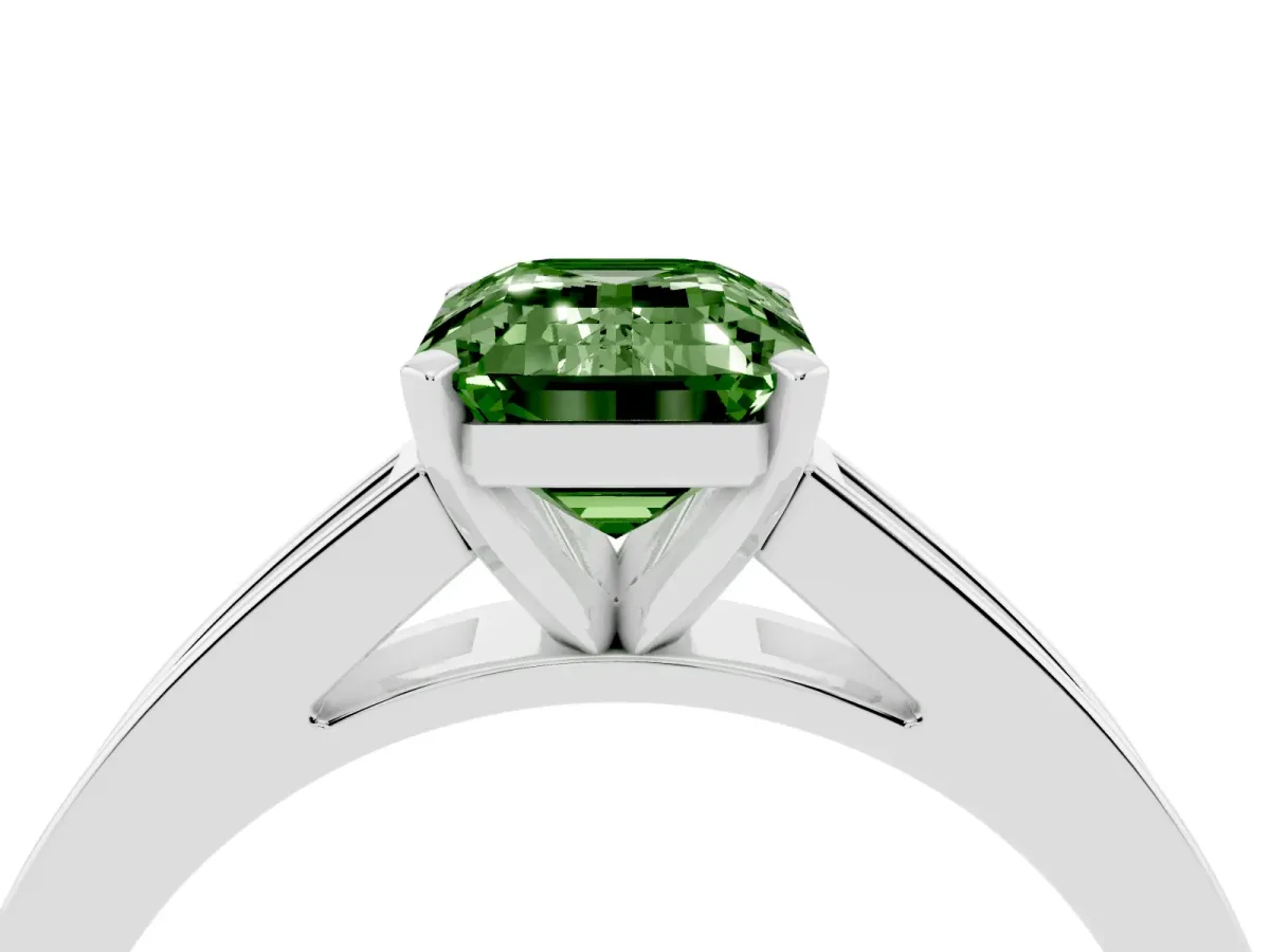 Fancy Green Emerald Cut Solitaire Diamond Ring with Channel-Set Band and Four-Prong Setting White gold