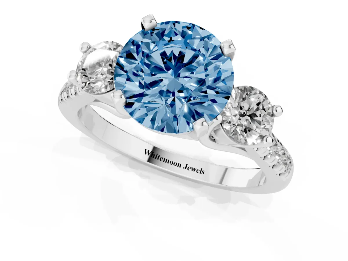 Fancy Blue Three-Stone Round Cut Diamond Pavé Band with Four-Prong Setting Silver