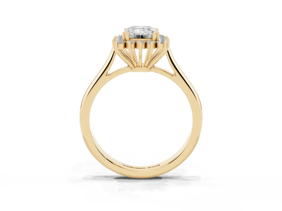 Emerald Cut Cut Diamond Halo Ring with Solitaire Band and Prong Setting Yellow gold