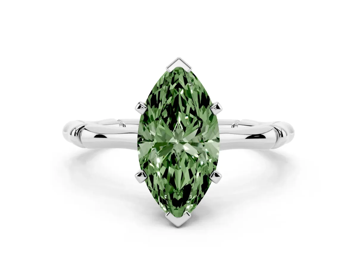 Fancy Green Marquise Cut Solitaire Diamond Ring with Bamboo Band and Four-Prong Setting Silver