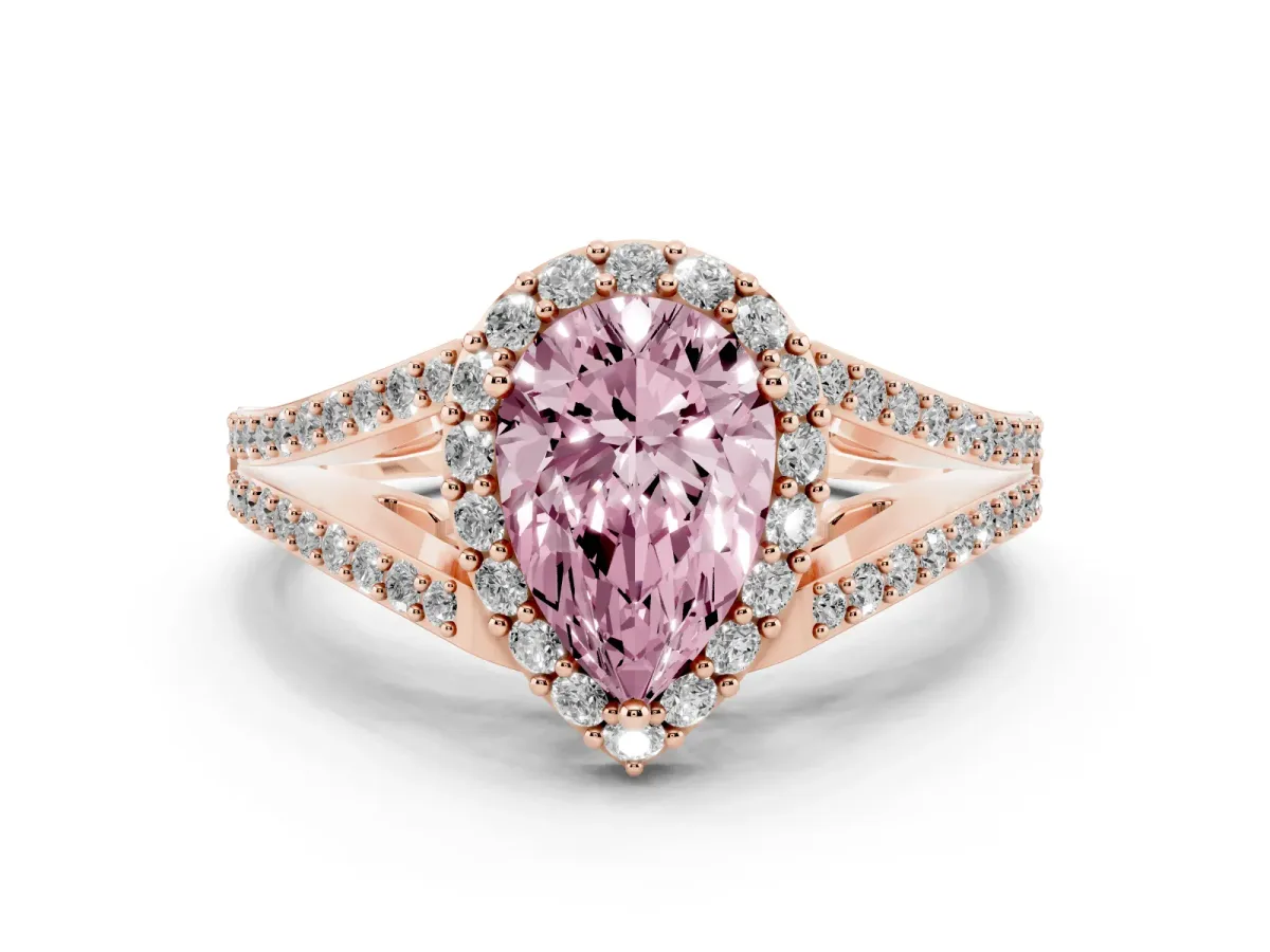 Fancy Pink Pear Cut Halo Split Shank Pave Diamond Ring with Four-Prong Setting Rose gold