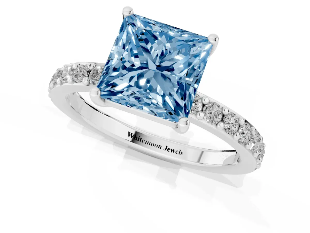 Fancy Blue Princess Cut Cut Diamond Solitaire with Pave Band and Four-Prong Setting Platinum