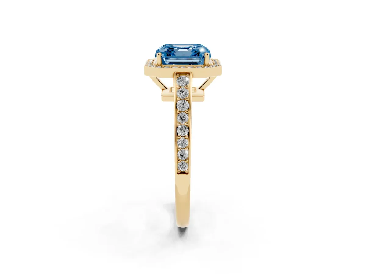 Fancy Blue Asscher Cut Halo Pavé Diamond Engagement Ring with Bezel Setting Yellow gold