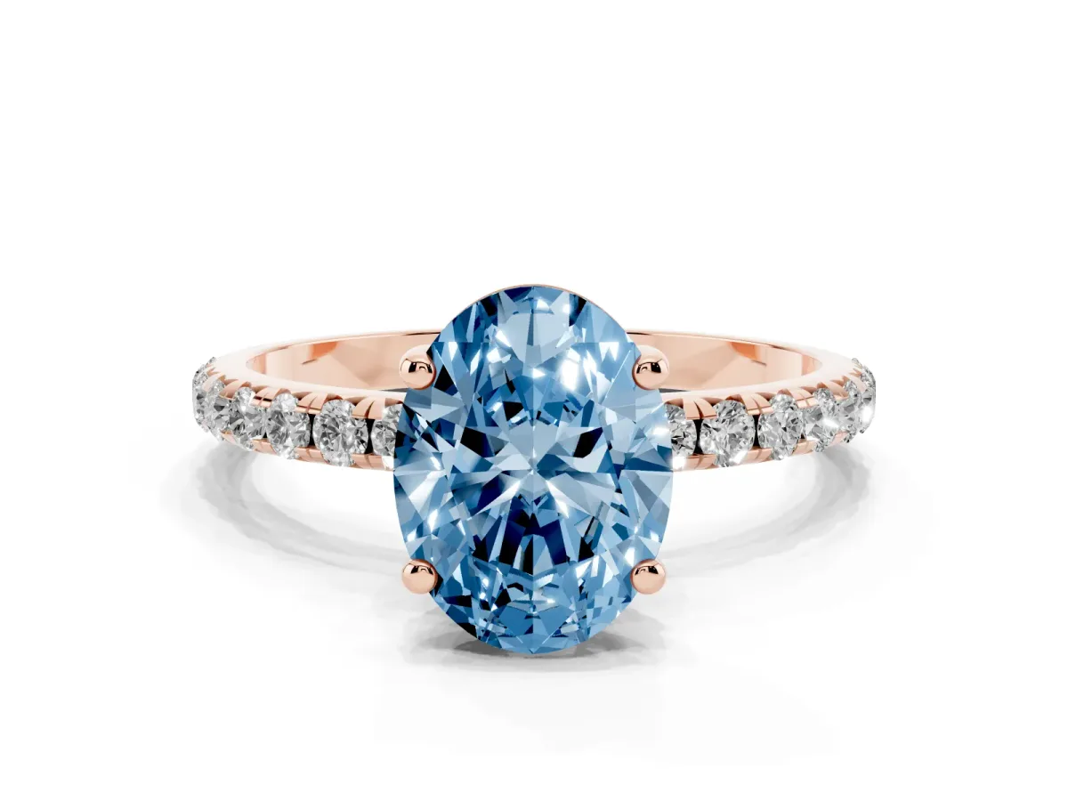 Fancy Blue Oval Cut Cut Diamond Solitaire Ring with Micro Pave Band and Four Prong Setting Rose gold