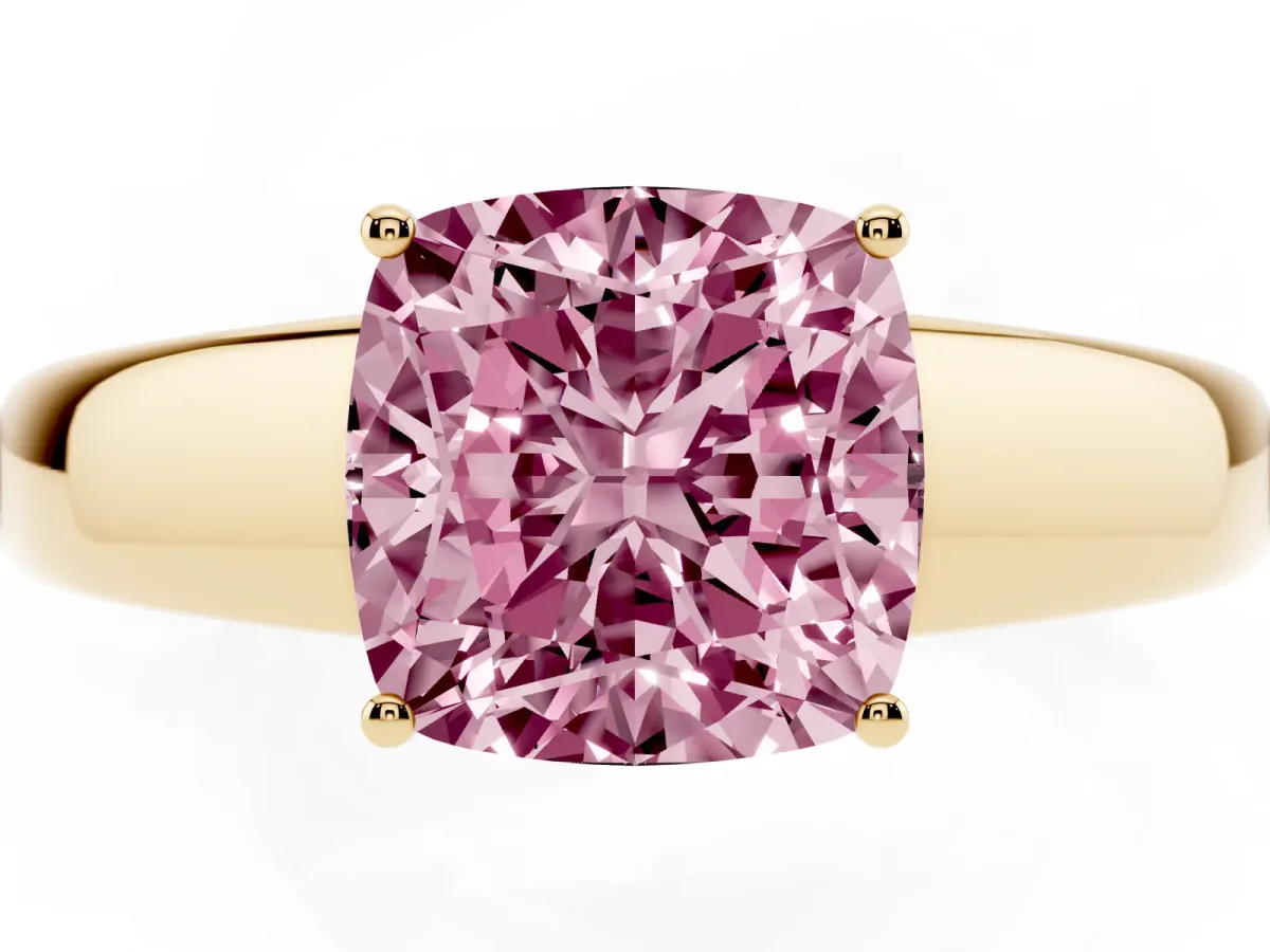 Fancy Pink Cushion Cut Solitaire Diamond Ring with Tapered Band and Four-Prong Setting Yellow gold