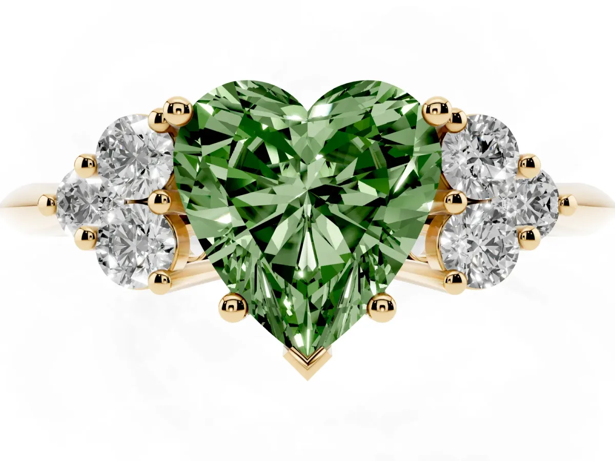 Fancy Green Heart Cut Cut Diamond Cluster Ring with Solitaire Band and Four-Prong Setting Yellow gold