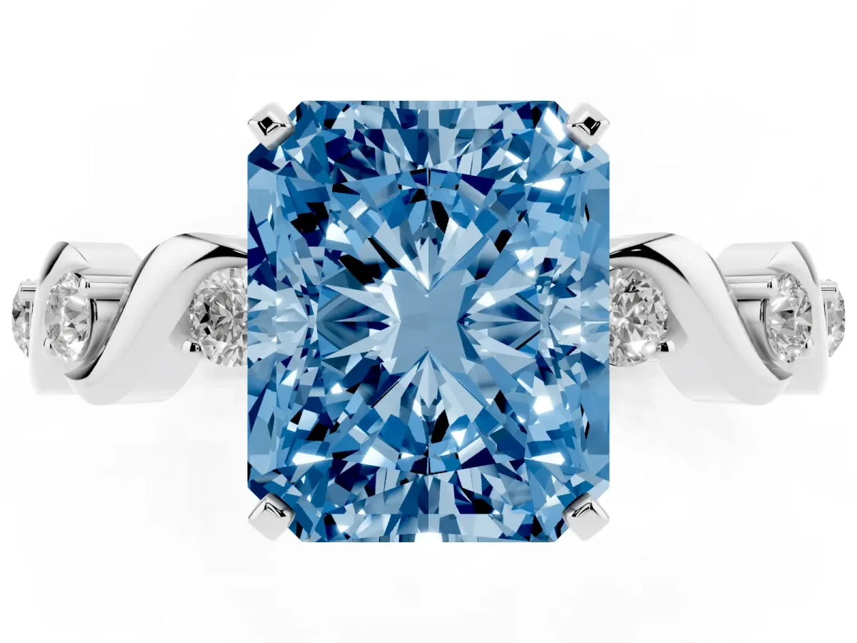 Fancy Blue Radiant Cut Diamond Solitaire Twisted Band with Round Accents and Prong Setting Silver