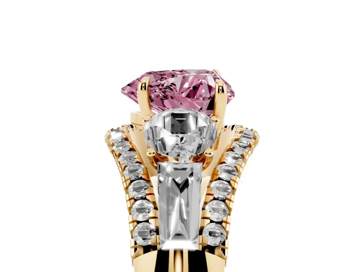 Fancy Pink Three-Stone Heart Cut Diamond Engagement Ring with Pave Band and Prong Setting Yellow gold