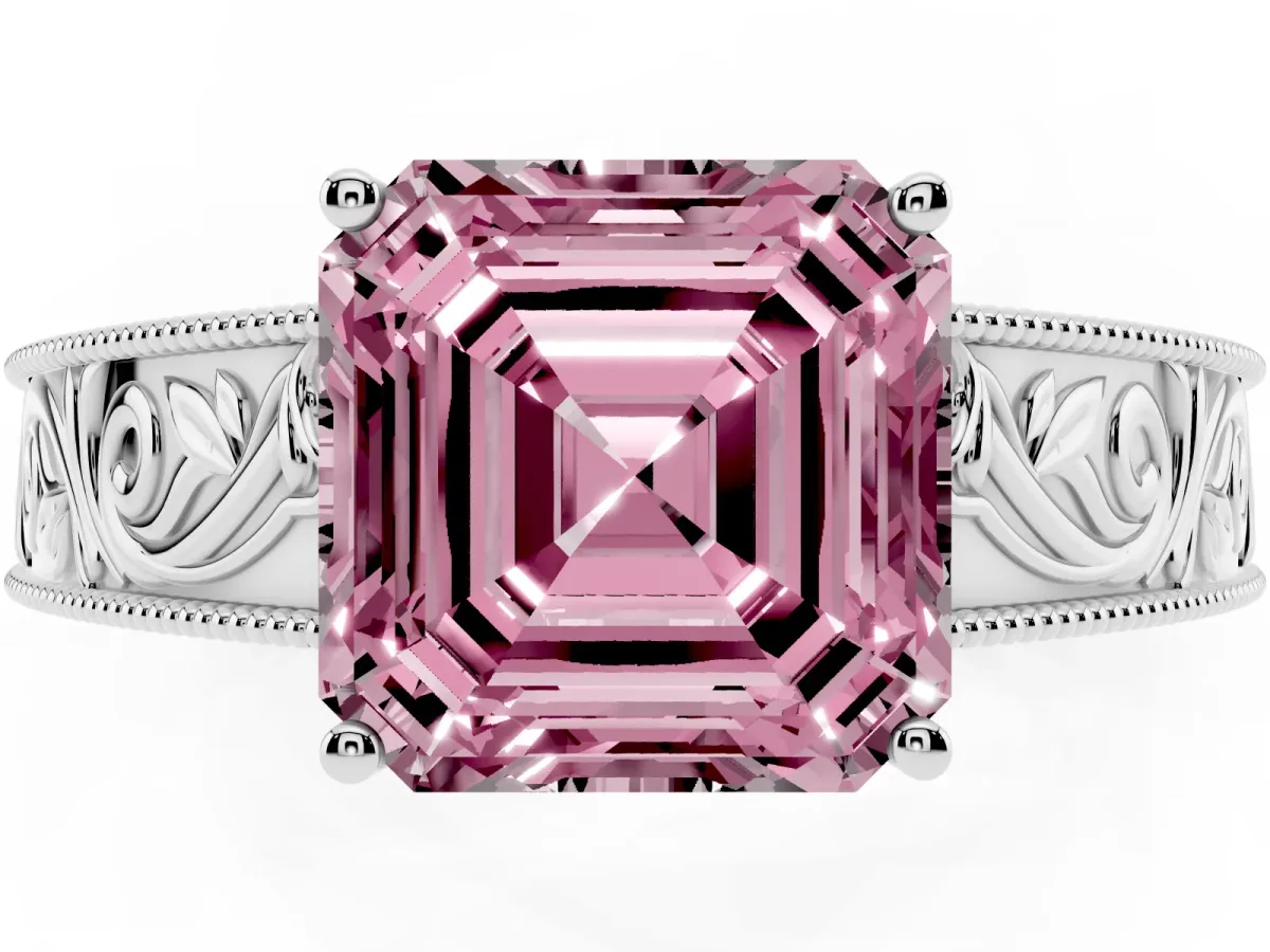 Fancy Pink Asscher Cut Diamond Solitaire Ring with Engraved Band and Four-Prong Setting Silver