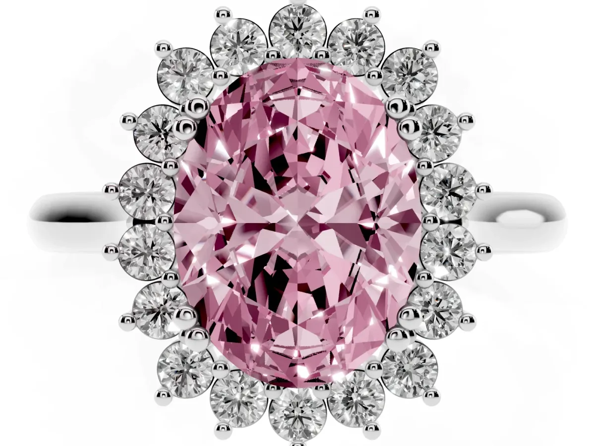Fancy Pink Oval Cut Cut Diamond Halo Ring with Solitaire Band and Prong Setting Silver