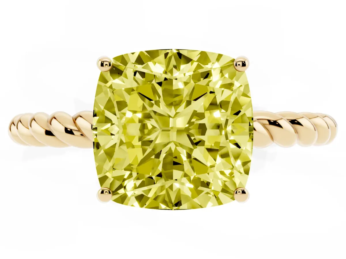 Fancy Yellow Cushion Cut Solitaire Twist Band Ring with Four-Prong Setting Yellow gold