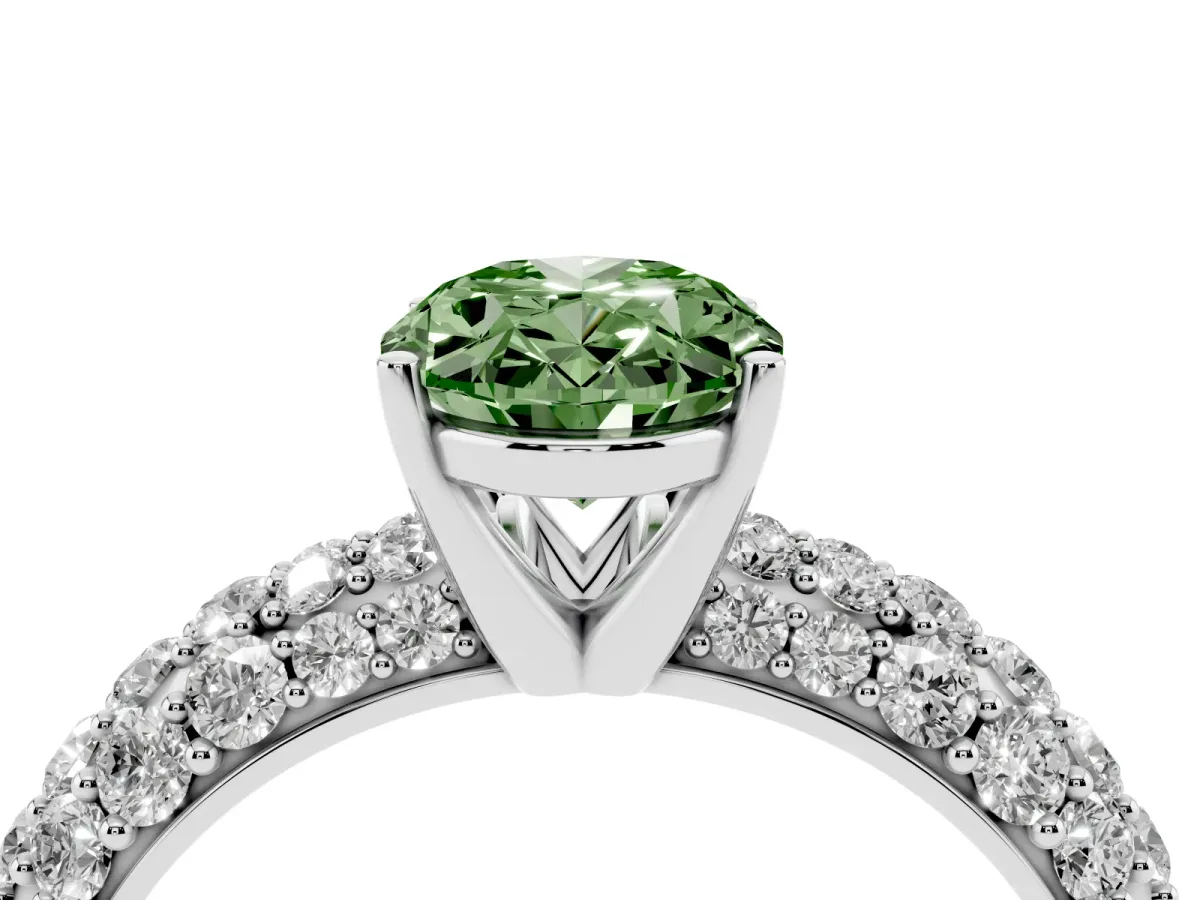 Fancy Green Oval Cut Diamond Pavé Band Solitaire Ring with Four-Prong Setting White gold