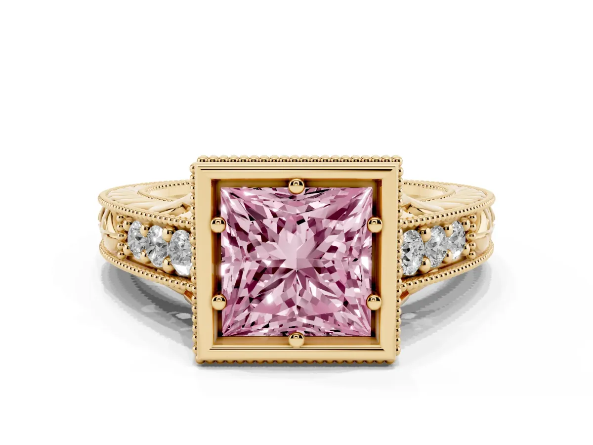 Fancy Pink Bezel Set Princess Cut Diamond Milgrain Pave Engagement Ring Yellow gold