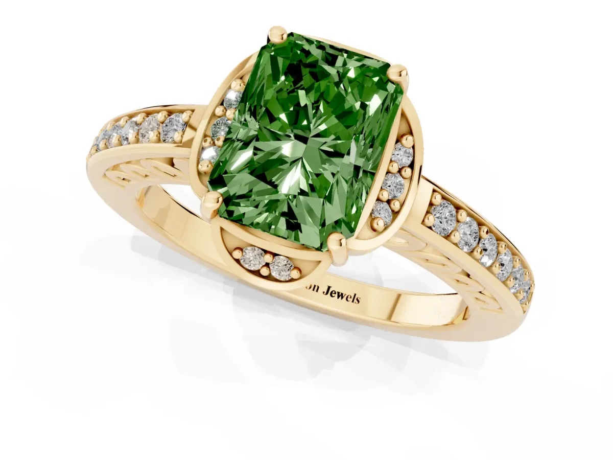 Fancy Green Radiant Cut Cut Halo Diamond Ring with Channel Set Band and Four-Prong Setting Yellow gold