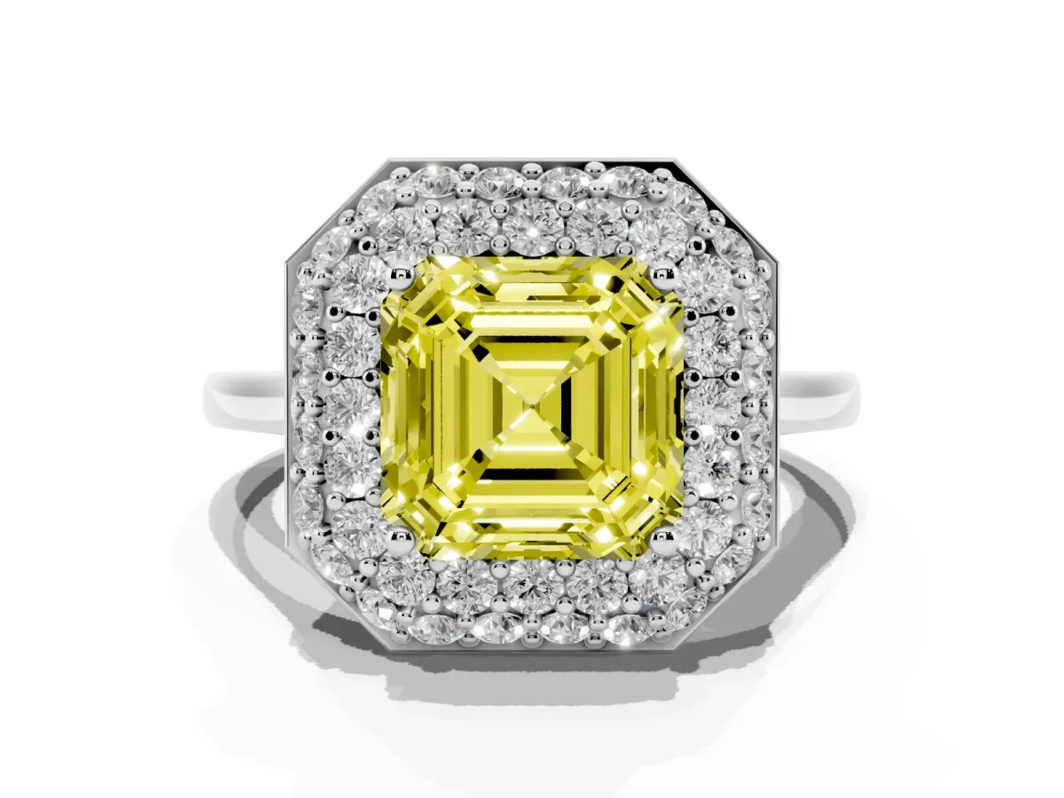 Fancy Yellow Asscher Cut Halo Diamond Engagement Ring with Solitaire Band and Four-Prong Setting Silver
