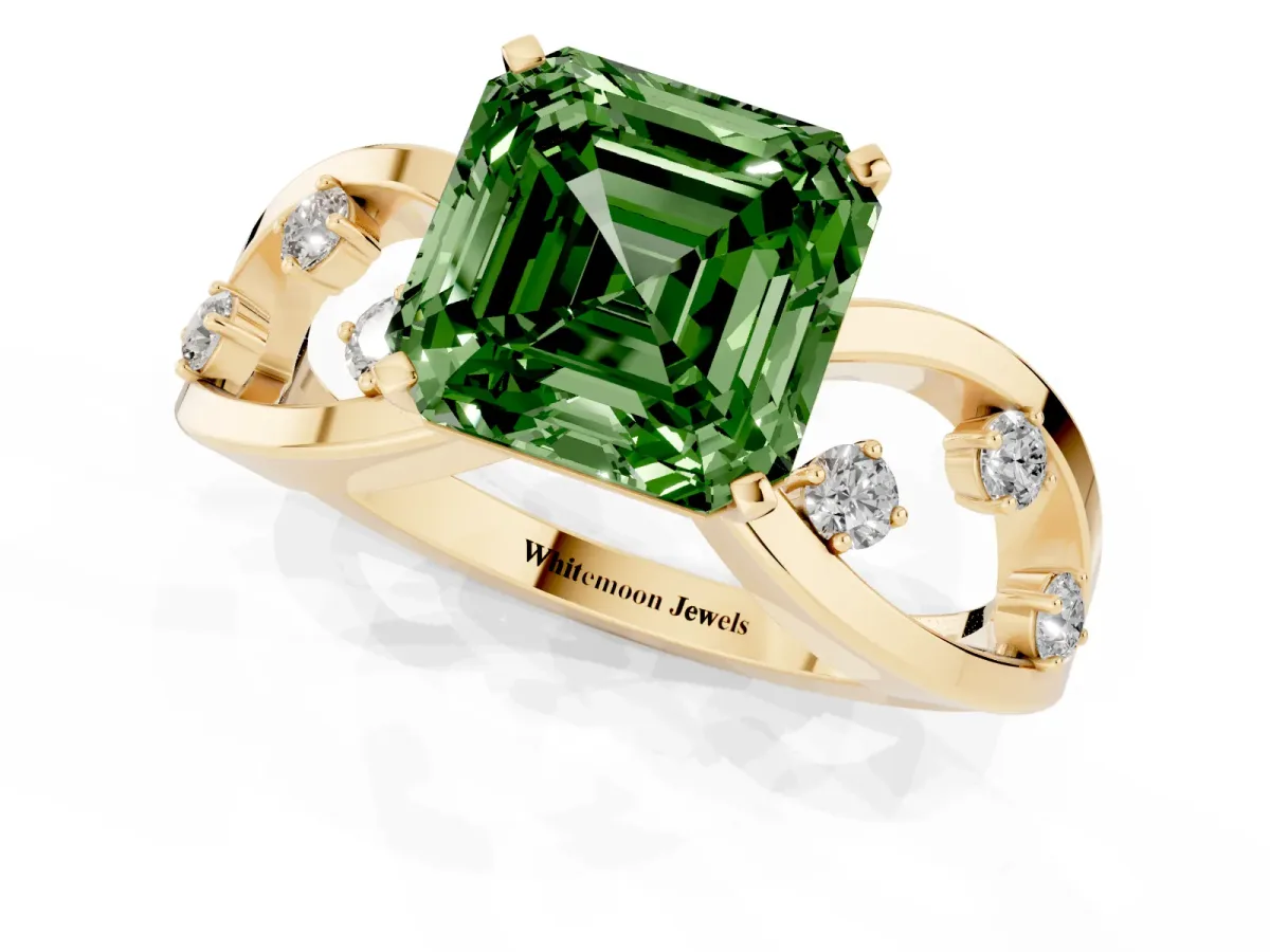 Fancy Green Asscher Cut Cut Solitaire Diamond with Side Stones on Criss-Cross Band and Four-Prong Setting Yellow gold