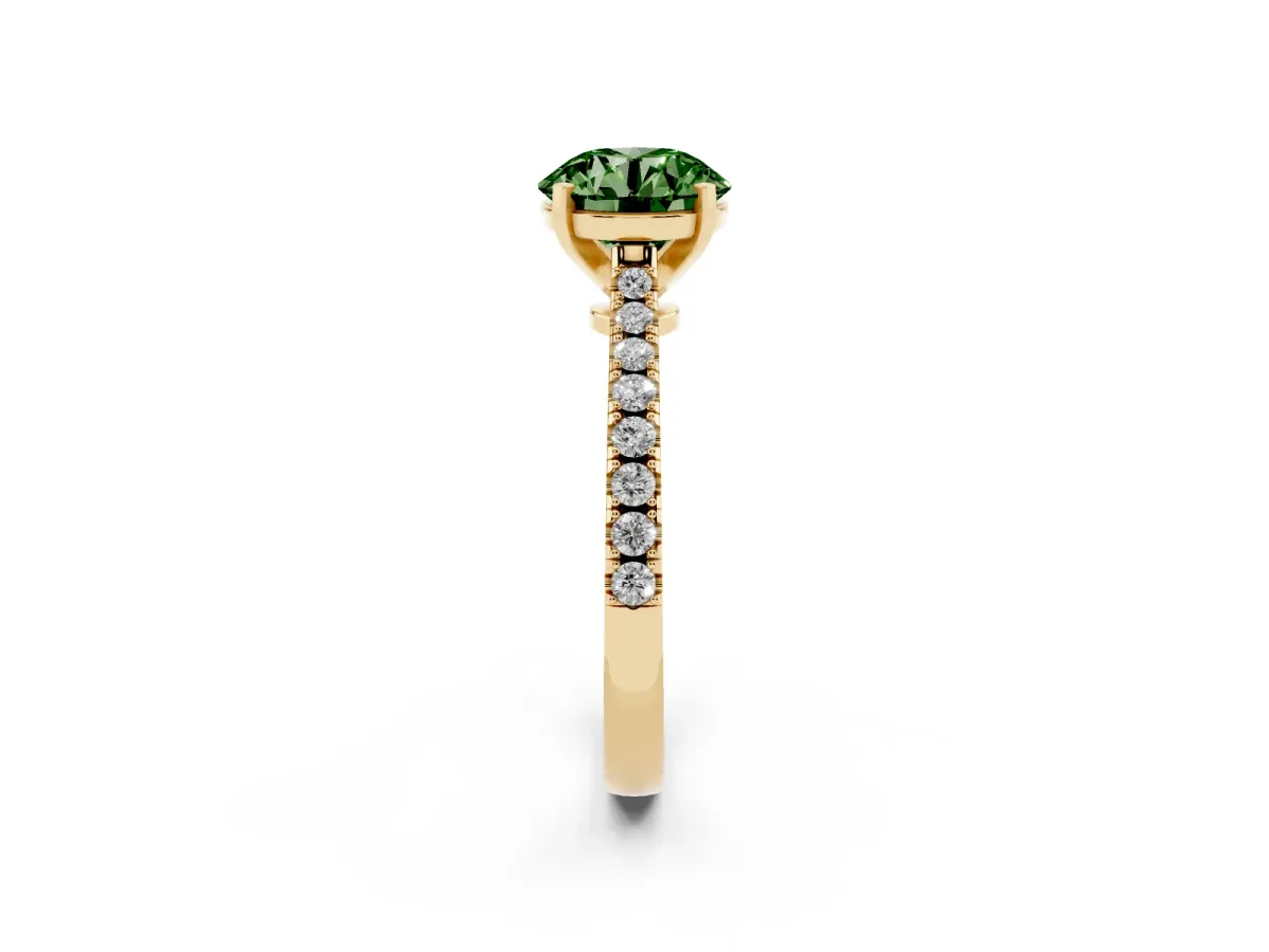 Fancy Green Round Cut Cut Solitaire Diamond Engagement Ring with Pave Band and Four-Prong Setting Yellow gold