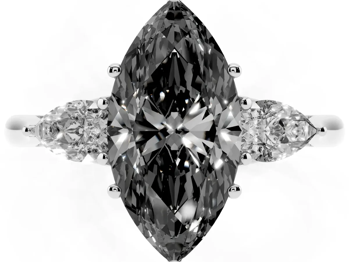 Fancy Black Three-Stone Marquise Cut Brilliant Diamond Solitaire Ring with Tapered Band and Four-Prong Setting Silver
