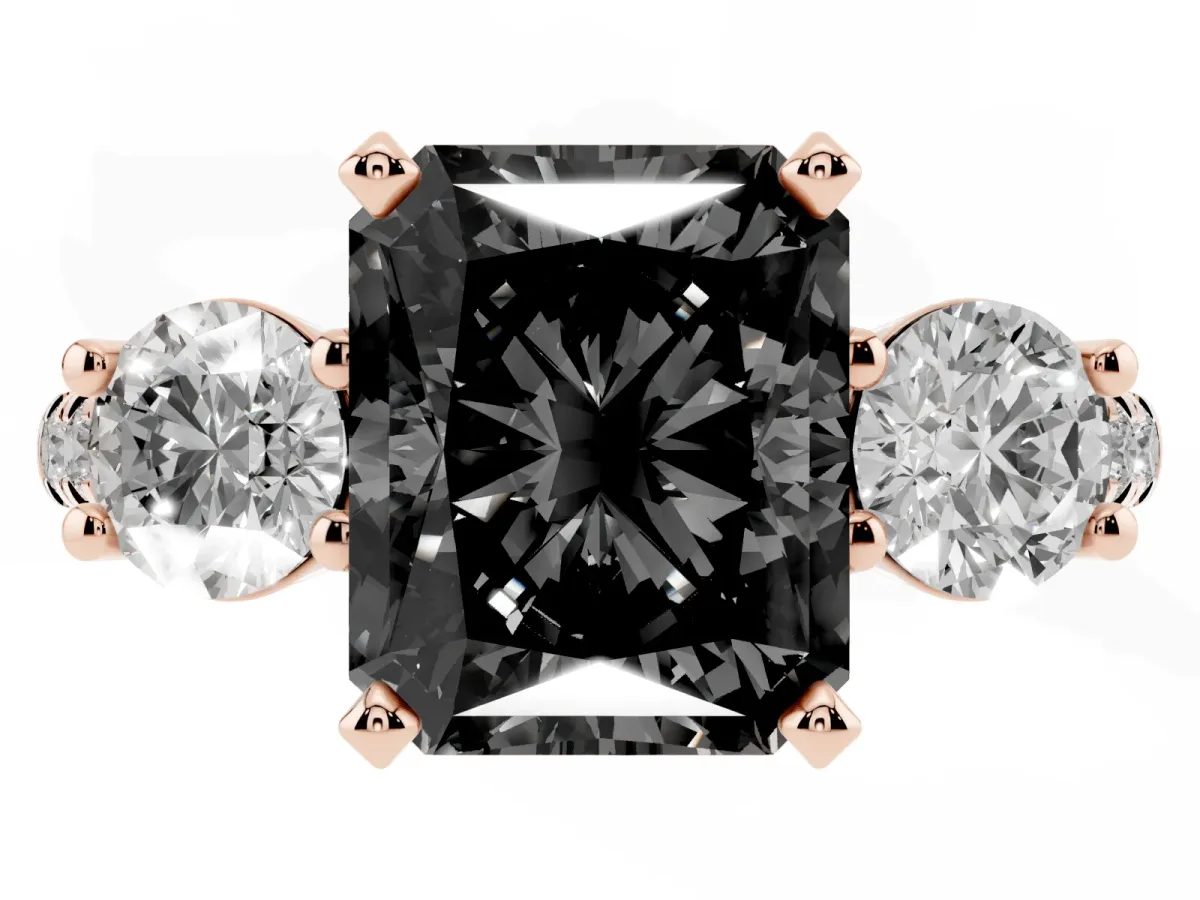Fancy Black Three-Stone Radiant Cut Diamond Pavé Band with Four-Prong Setting Rose gold