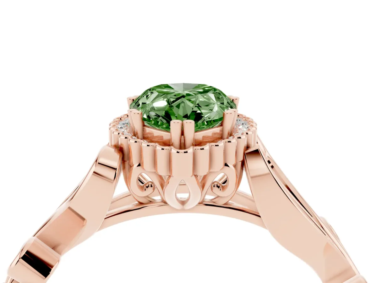 Fancy Green Pear Cut Diamond Halo Ring with Vintage Split Shank and Four-Prong Setting Rose gold
