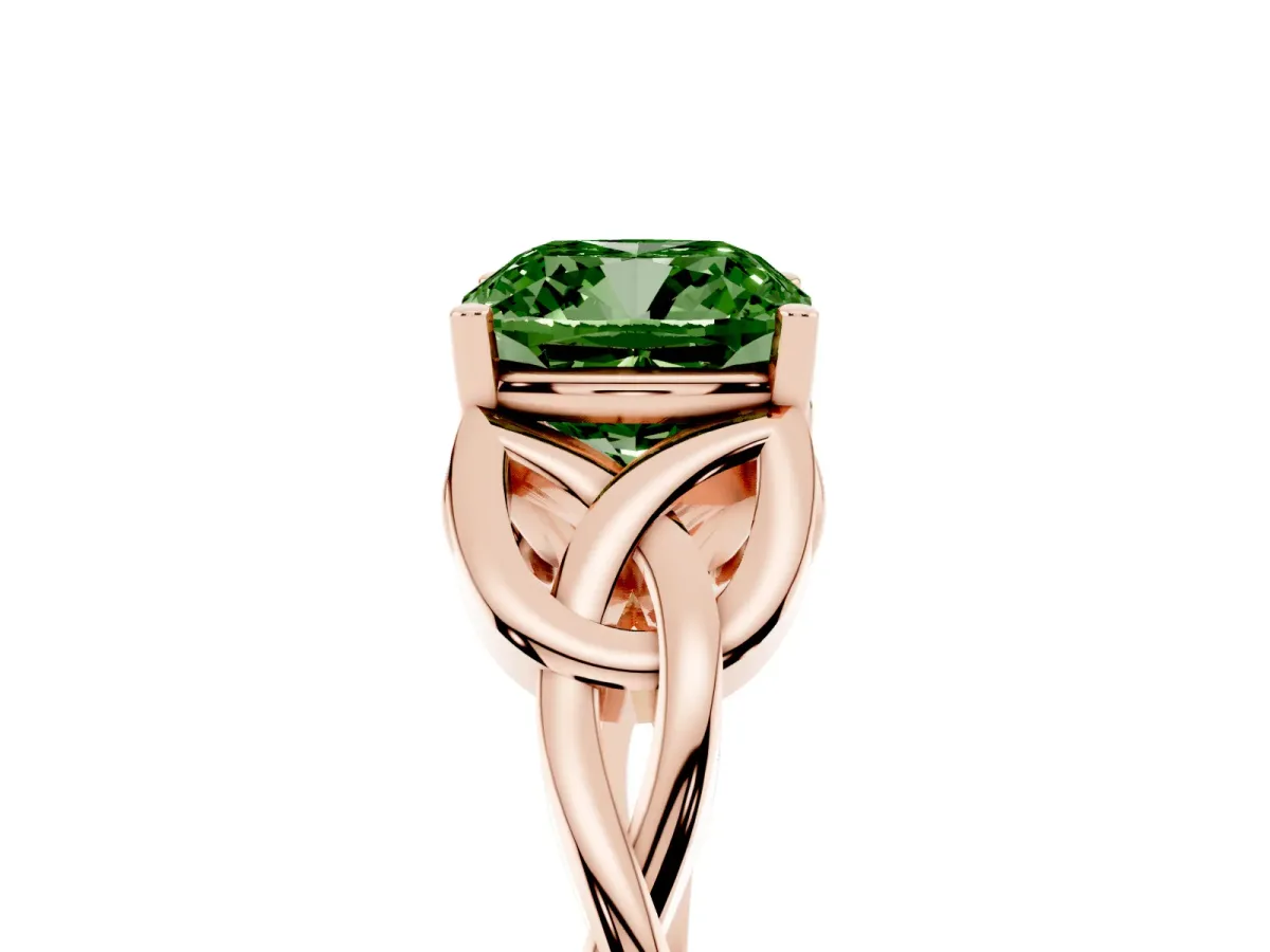 Fancy Green Cushion Cut Diamond Solitaire Engagement Ring with Celtic Knot Band and Four-Prong Setting Rose gold