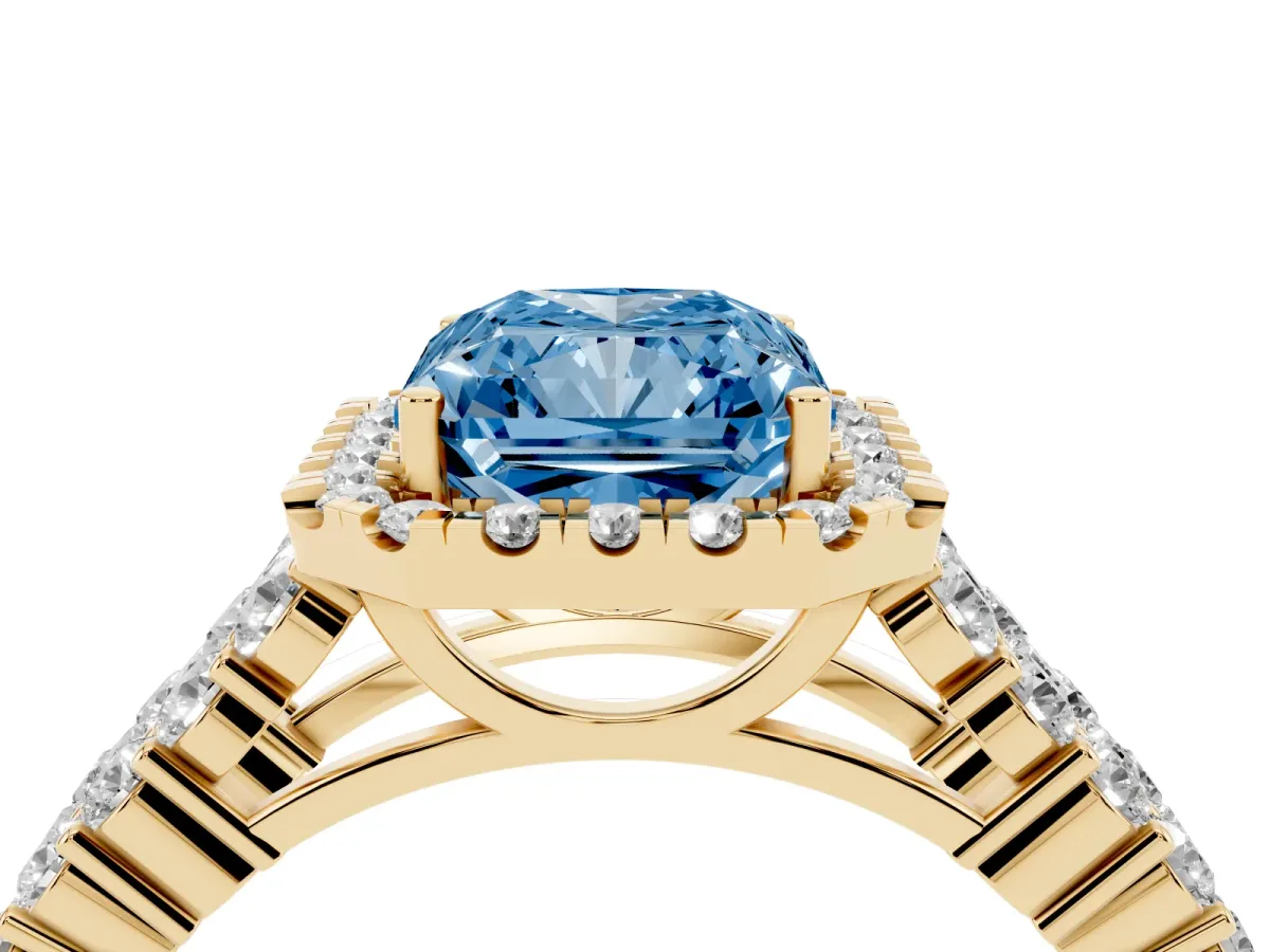 Fancy Blue Radiant Cut Diamond Halo Engagement Ring with Triple Row Round Pavé Band and Prong Setting Yellow gold