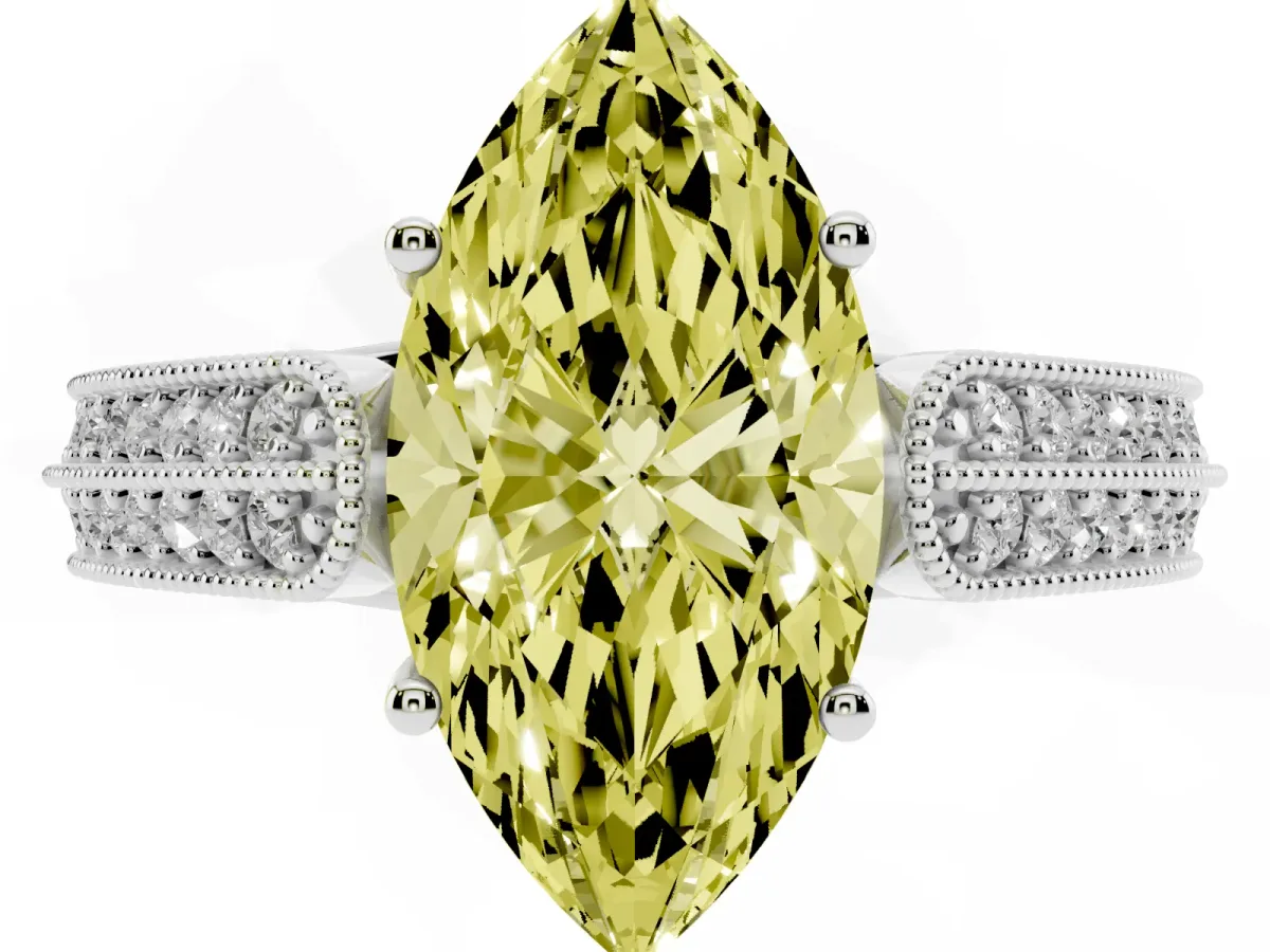 Fancy Yellow Marquise Cut Cut Pave Split Shank Engagement Ring with Four-Prong Setting White gold