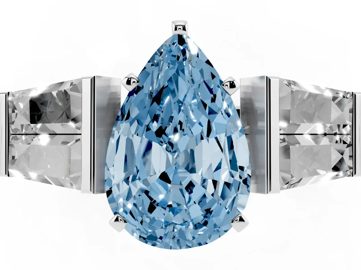 Fancy Blue Pear Cut Diamond Engagement Ring with Baguette Side Stones and Channel Set Band Platinum