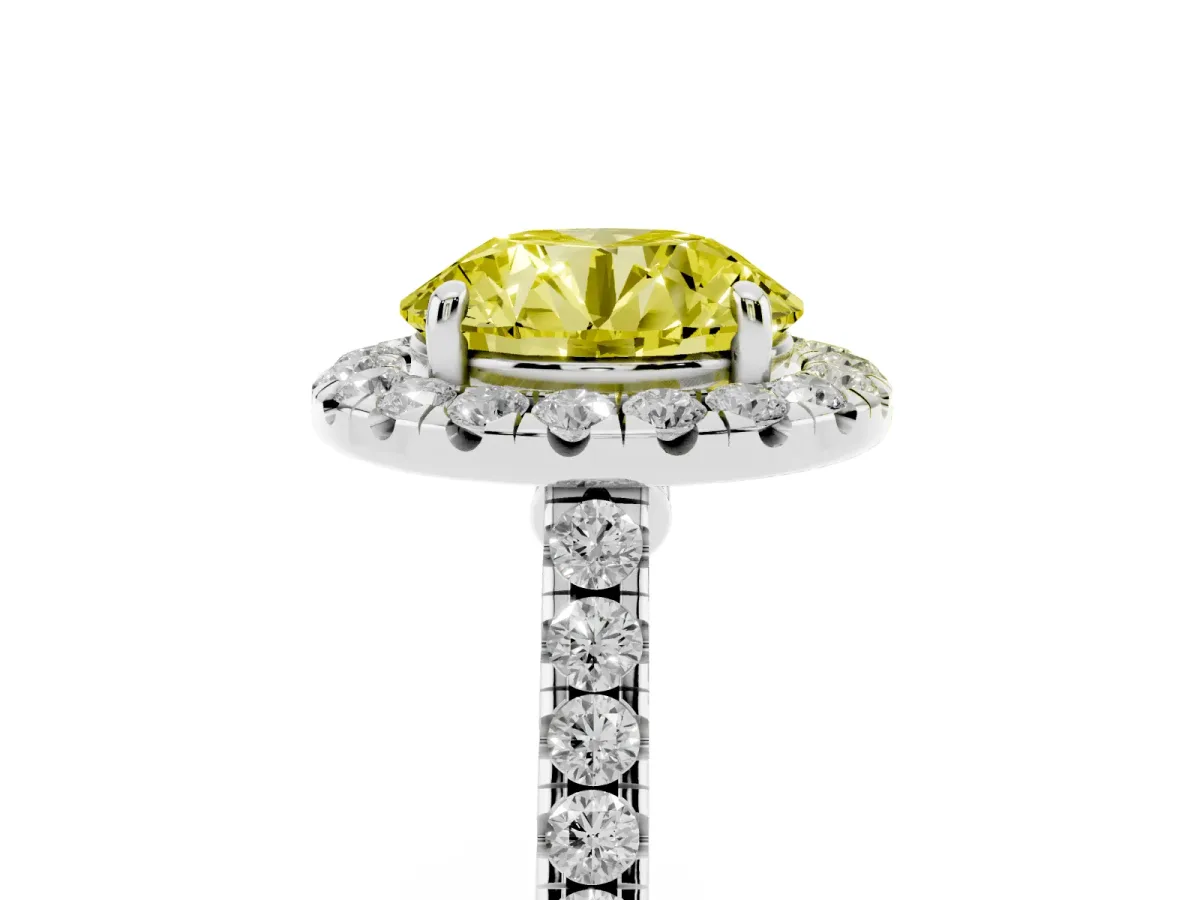 Fancy Yellow Round Cut Halo Pave Diamond Engagement Ring with Four-Prong Setting White gold