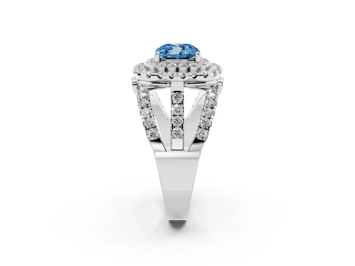Fancy Blue Cushion Cut Diamond Double Halo Ring with Round Pavé Split Shank and Prong Setting Silver