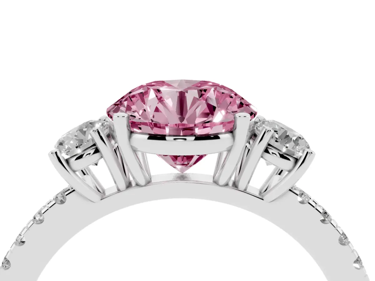 Fancy Pink Three-Stone Round Cut Cut Diamond Pavé Band with Prong Setting Silver