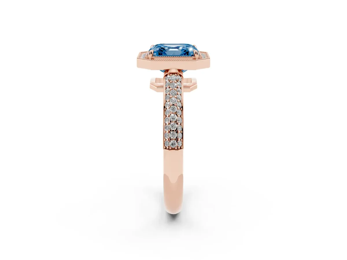 Fancy Blue Asscher Cut Cut Halo Diamond Pave Band with Four-Prong Setting Rose gold